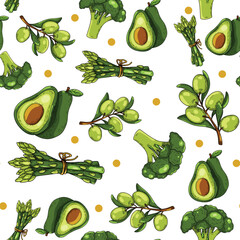 Seamless vector pattern. Green vegetables on an isolated white background. Bright and healthy food for wallpapers and banners