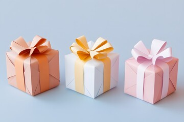 Obraz premium Delicate Pastel Gift Boxes with Handcrafted Paper Bows against Serene Blue Background