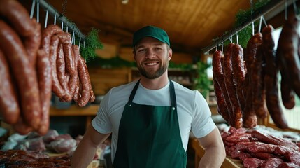 A cheerful butcher stands proudly in his shop, wearing a green apron, surrounded by rows of delicious sausages, illustrating themes of craftsmanship and hospitality.