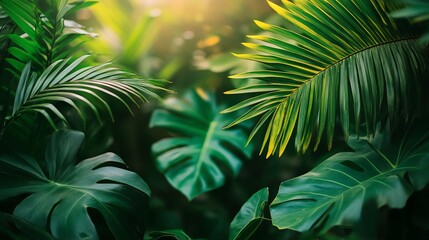 Lush green tropical leaves with a sunlit background.