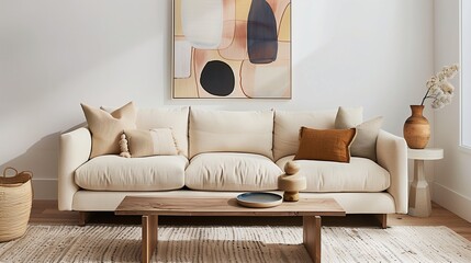 A neutral-toned sofa against a white wall with an abstract art piece, and a light wood coffee table with a small vase.