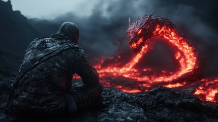 A mysterious hooded figure sits opposite a fiery, glowing serpent in a dark, smoky landscape, creating a tense atmosphere filled with danger and anticipation.