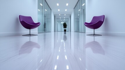 A modern office hallway featuring two vibrant purple chairs against a backdrop of glass walls, creating an inviting and contemporary ambiance for visitors.