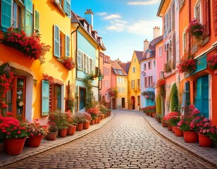 Fototapeta premium Illustration of a charming European street with cobblestone paths, flower pots, and pastel buildings.