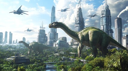 Naklejka premium A dinosaur walks through a futuristic city.