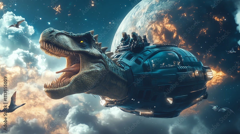Poster a dinosaur attacks spaceships in space.