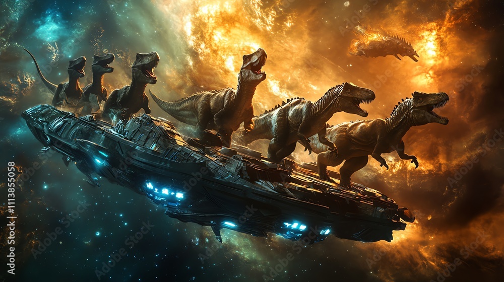 Poster a group of dinosaurs are on a spaceship in space.