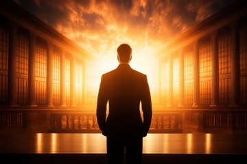 Business leader reflects at sunset in grand hall inspirational setting dramatic perspective motivational concept