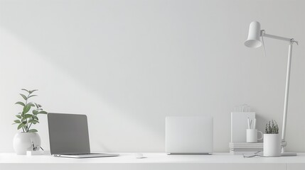A serene and organized workspace featuring a clean white desk with a sleek laptop, a minimalist lamp, and a single potted plant. The background is pristine white.