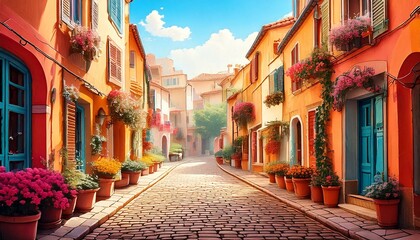 Fototapeta premium Illustration of a charming European street with cobblestone paths, flower pots, and pastel buildings.