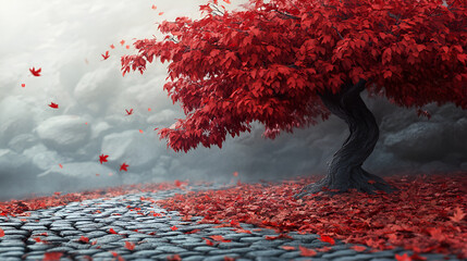 Autumn tree with red leaves in the park,
Vibrant Red Leafed Plants Blossoming, Bold And Stunning, A Tree Adorned With Red Heart shaped Leaves