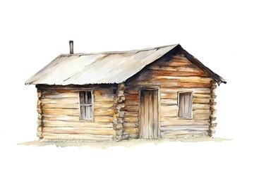 Rustic watercolor cabin in serene setting
