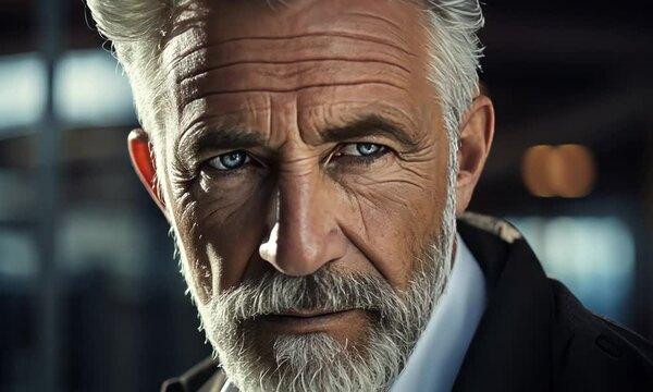 Elegant allure of a distinguished man with silver hair exuding charisma and wisdom in a lively urban setting