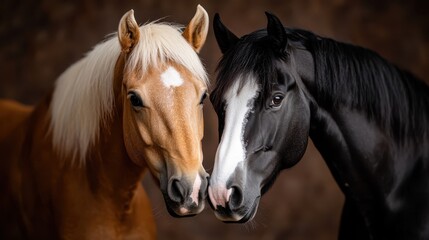 Fototapeta premium Heartwarming view of two friendly horses pressing faces together, revealing their companionship, affection, and the tranquil beauty found in the equestrian world.