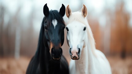 Obraz premium A black and a white horse stand side by side in a serene autumn forest setting, highlighting their contrasting colors against a blurred natural background.