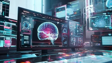 Brain scan results displayed on digital interface, medical technology. Digital brain image with colorful data overlays on modern interface	 - Powered by Adobe