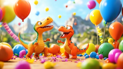 Two cartoon dinosaurs surrounded by colorful balloons.