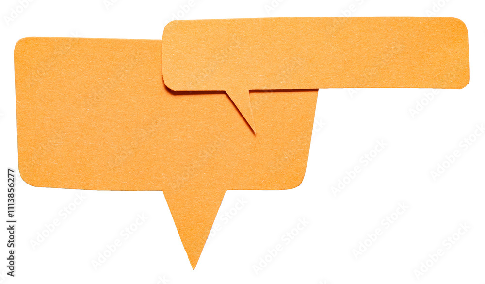 Fototapete orange blank cut out cardboard paper speech bubbles with rough edges and copy space for text on tran
