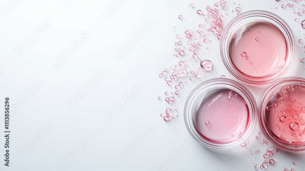 Poster three containers hold a pink liquid with artistic drops scattered around, creating a patterned, mode