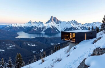 Modern house built into mountain rock with winter landscape for travel