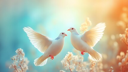 Two white doves with outstretched wings amidst a soft, colorful background.