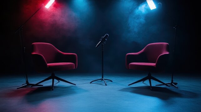 An artistic podcast setup, featuring two sleek red chairs and microphones against vivid red and blue lighting, creating a dynamic interviewing environment.