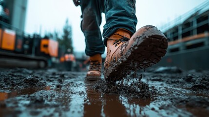 A laborer in jeans and boots steps firmly through the muddy landscape of an active construction site, symbolizing determination and industrious spirit.