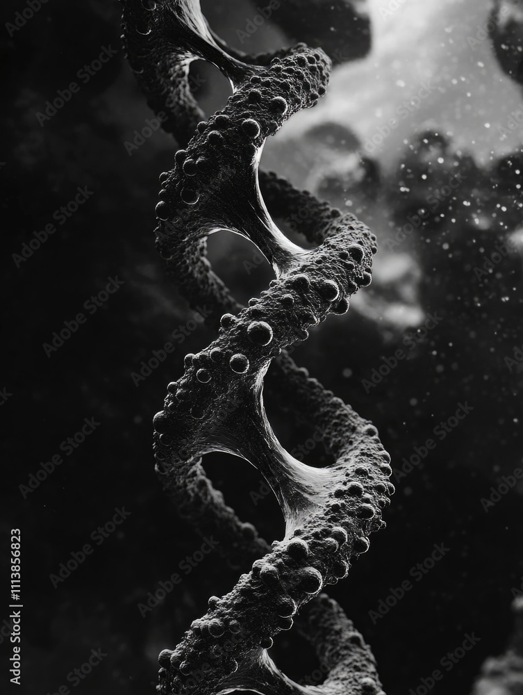 Poster black and white image of a spiral with many small dots. the spiral is twisted and has a lot of bumps