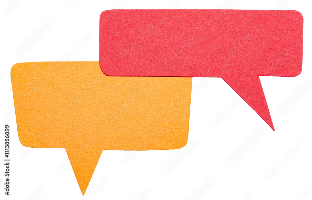 Poster red orange blank cut out cardboard paper speech bubbles with rough edges and copy space for text on 