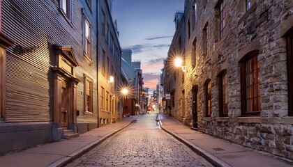 Obraz premium A Quiet Crossing: The Allure of Quebec’s Dusk-lit Alleys