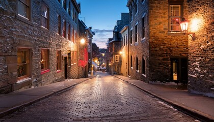 Fototapeta premium Dusk's Embrace: Narrow Alleys Converge in Quebec’s Historic Heart