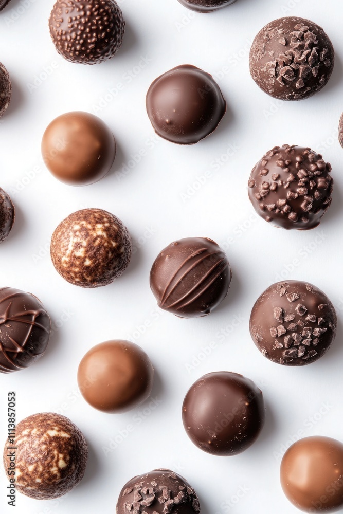 Poster close up of many different types of chocolate truffles. the truffles are of various sizes and shapes