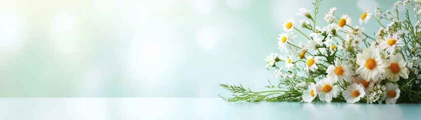 Obraz premium A serene floral arrangement featuring daisies against a soft, blurred background, evoking a sense of calm and freshness.