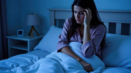 Obraz premium Feeling Unwell in Pajamas While Sitting on the Bed at Nighttime