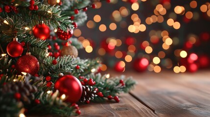 Christmas tree with red ornaments and lights. The tree is surrounded by a wooden background