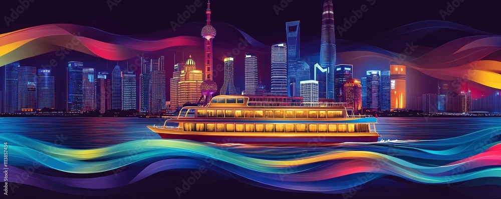 Poster a vector-style icon depicting a river cruise boat illuminated with lights, cruising on the huangpu r