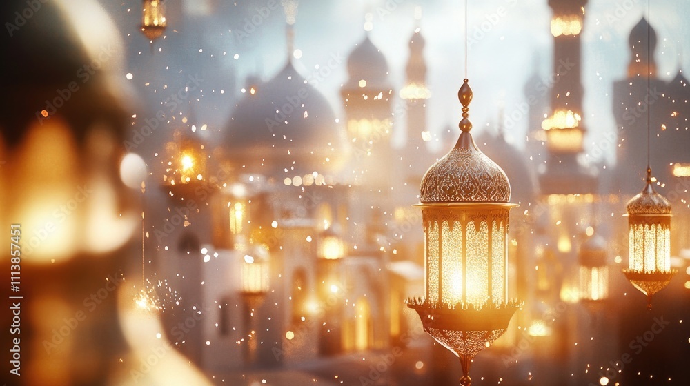 Poster lit lantern hangs from a building in the background. the lantern is lit up and is surrounded by snow