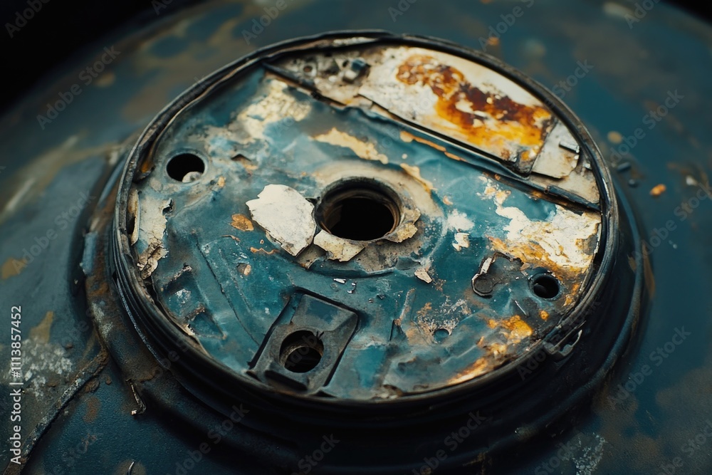 Poster rusted metal object with a hole in the middle. the object is old and worn out