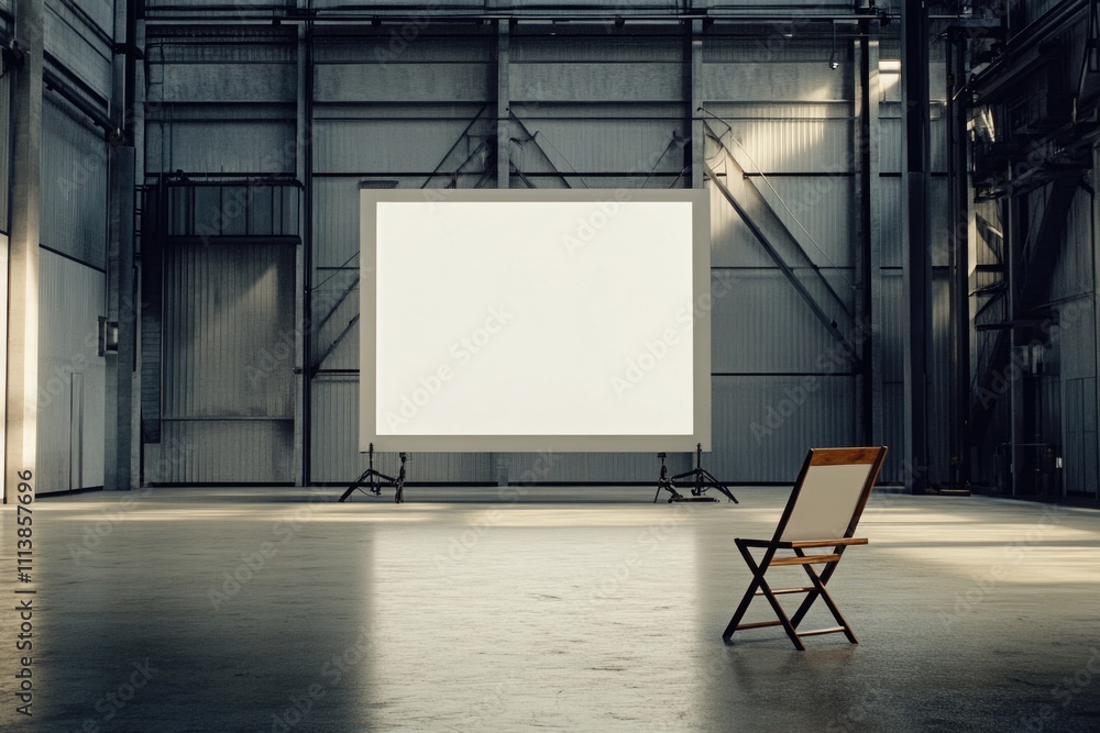 Poster large white screen is in a large room with a wooden chair in front of it. the room is empty and the 