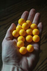 Hand is holding a bunch of yellow balls. The balls are small and round, and they are all the same color. Concept of playfulness and fun