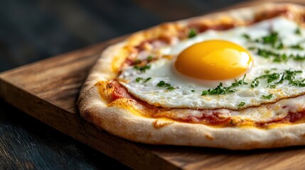 A freshly baked rustic pizza topped with a perfectly cooked sunny-side-up egg, garnished with herbs, perfect for breakfast or brunch.