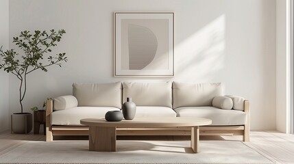 A minimalist living room featuring a beige sofa, coffee table, plant, and framed artwork on the wall