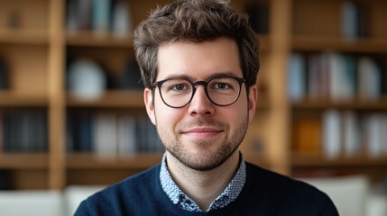Fototapeta premium Young Man Wearing Glasses Smiles Gently