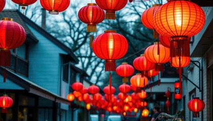 Festive Chinese lanterns illuminate a charming alleyway.