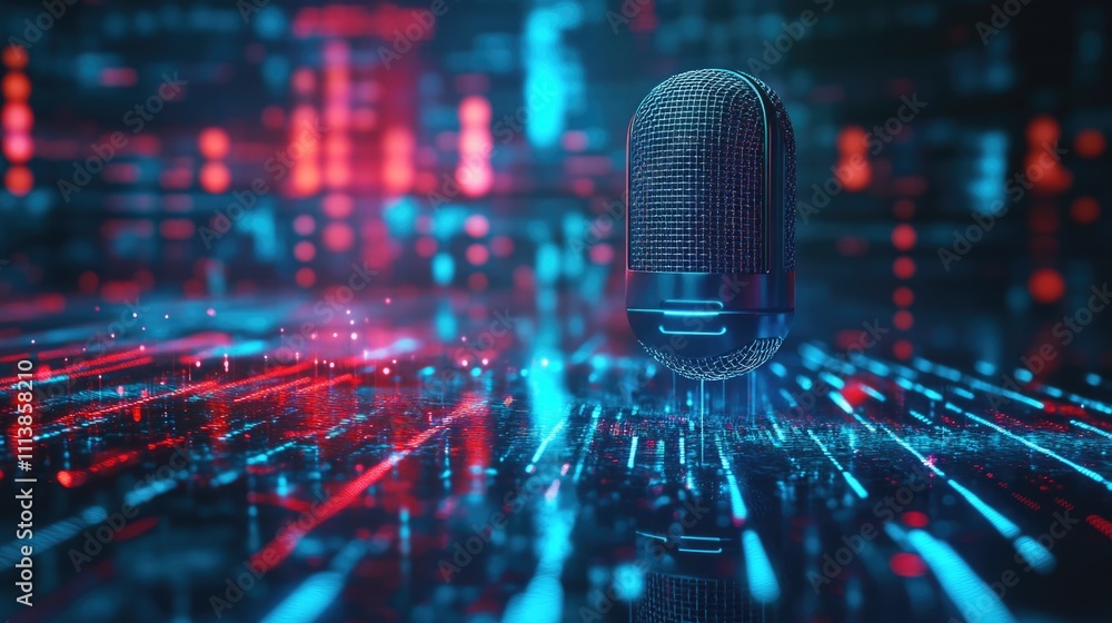 Poster microphone is placed on a colorful background with a lot of lines and dots. concept of technology an
