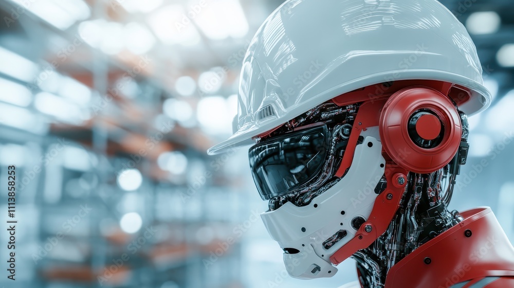 Poster an advanced robot featuring red accents operates in a tech warehouse setting, capturing the essence 
