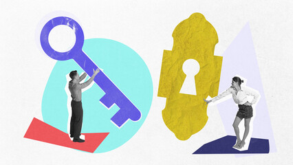 Man and woman interacting with giant key and lock, symbolizing finding solutions and unlocking...