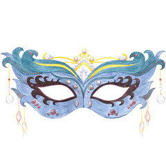 Carnival mask. Hand drawn watercolor masquerade illustration with pearls and golden beads isolated on white background. Can be used for postcard, label, scrapbook and other printed products.