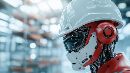 An advanced robot featuring red accents operates in a tech warehouse setting, capturing the essence of robotic intelligence and futuristic industrial environments.