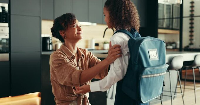 Love, care and child in school uniform with happy mother talking in home for support, help and prepare for first day. Kid, mom and student ready for education, learning and morning routine of family